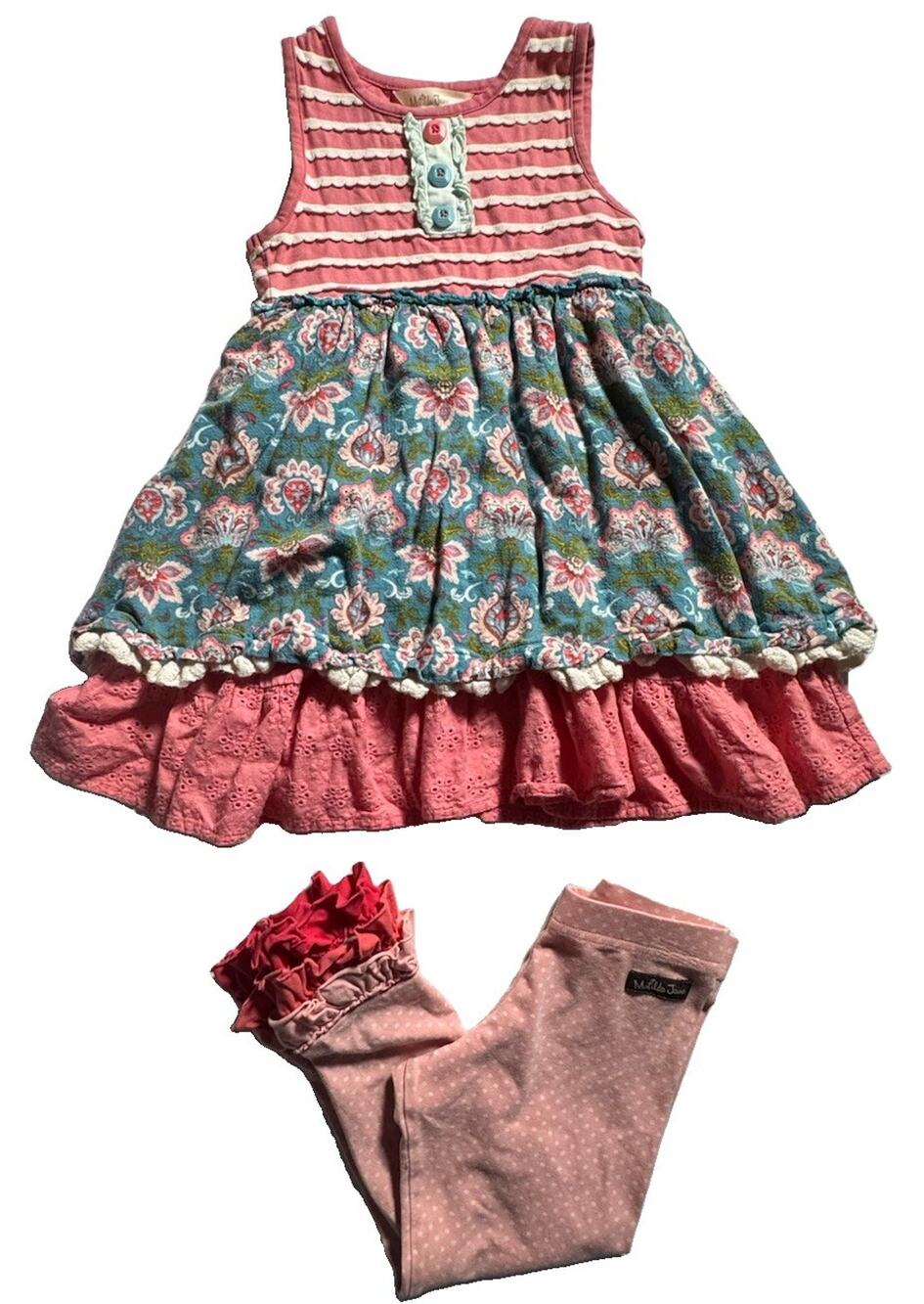 Matilda Jane Girls Size 4 Floral Ruffle Dress Leggings 2 Piece Outfit